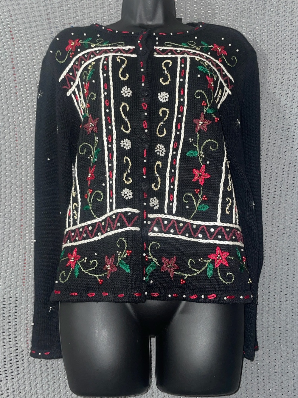 Erika Christmas Embroidered Cotton Knit Sweater Poinsetta Grandma Teachercore PM